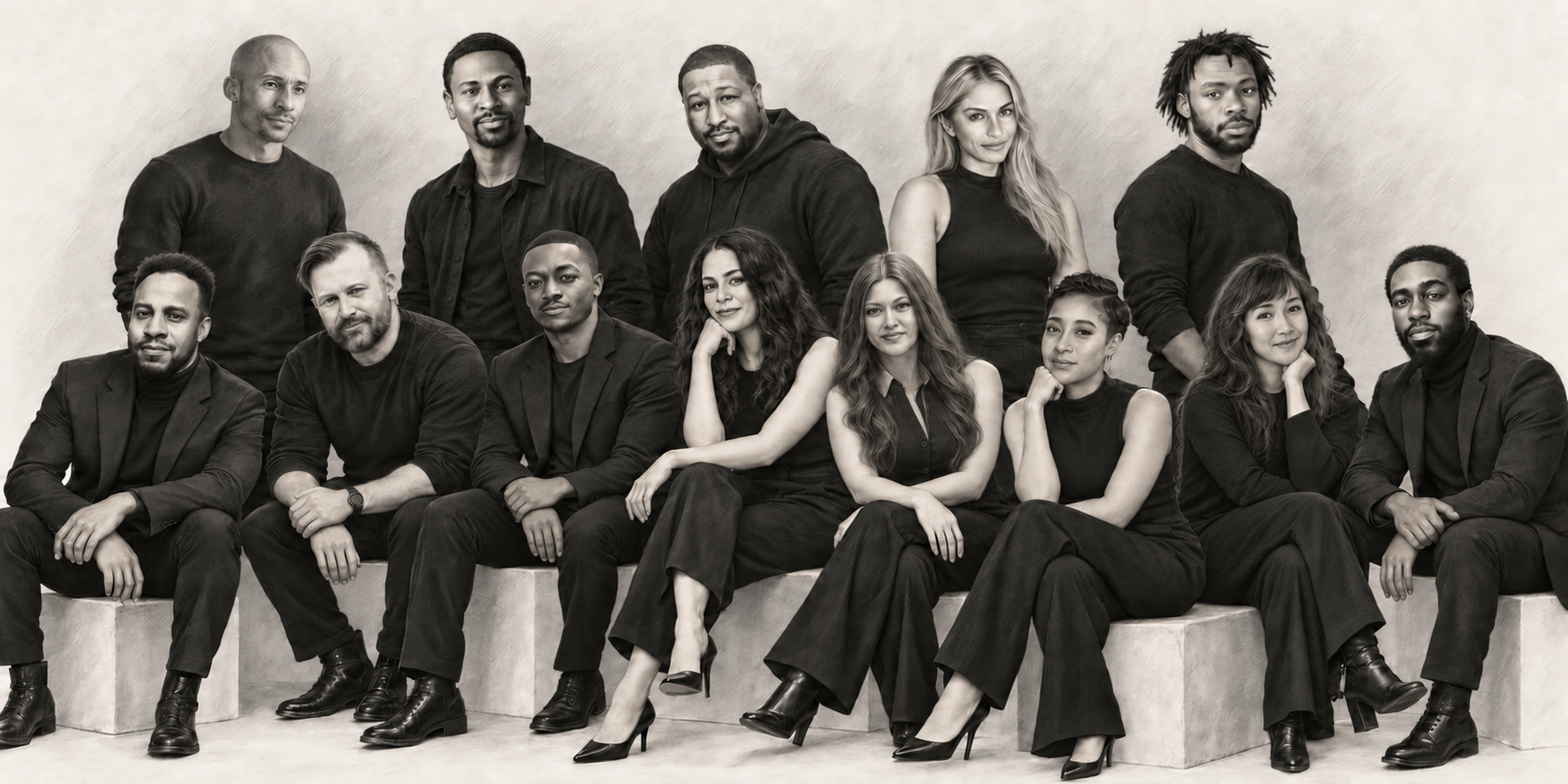 The Bureau of Creative Intelligence agents gathered in a seated and standing graphite group portrait