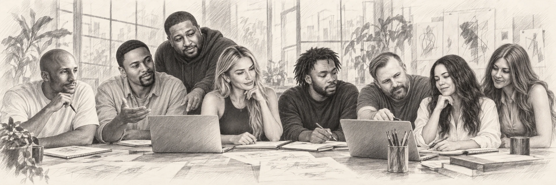 Graphite sketch of the Bureau's agents gathered around a studio table with laptops and sketchbooks